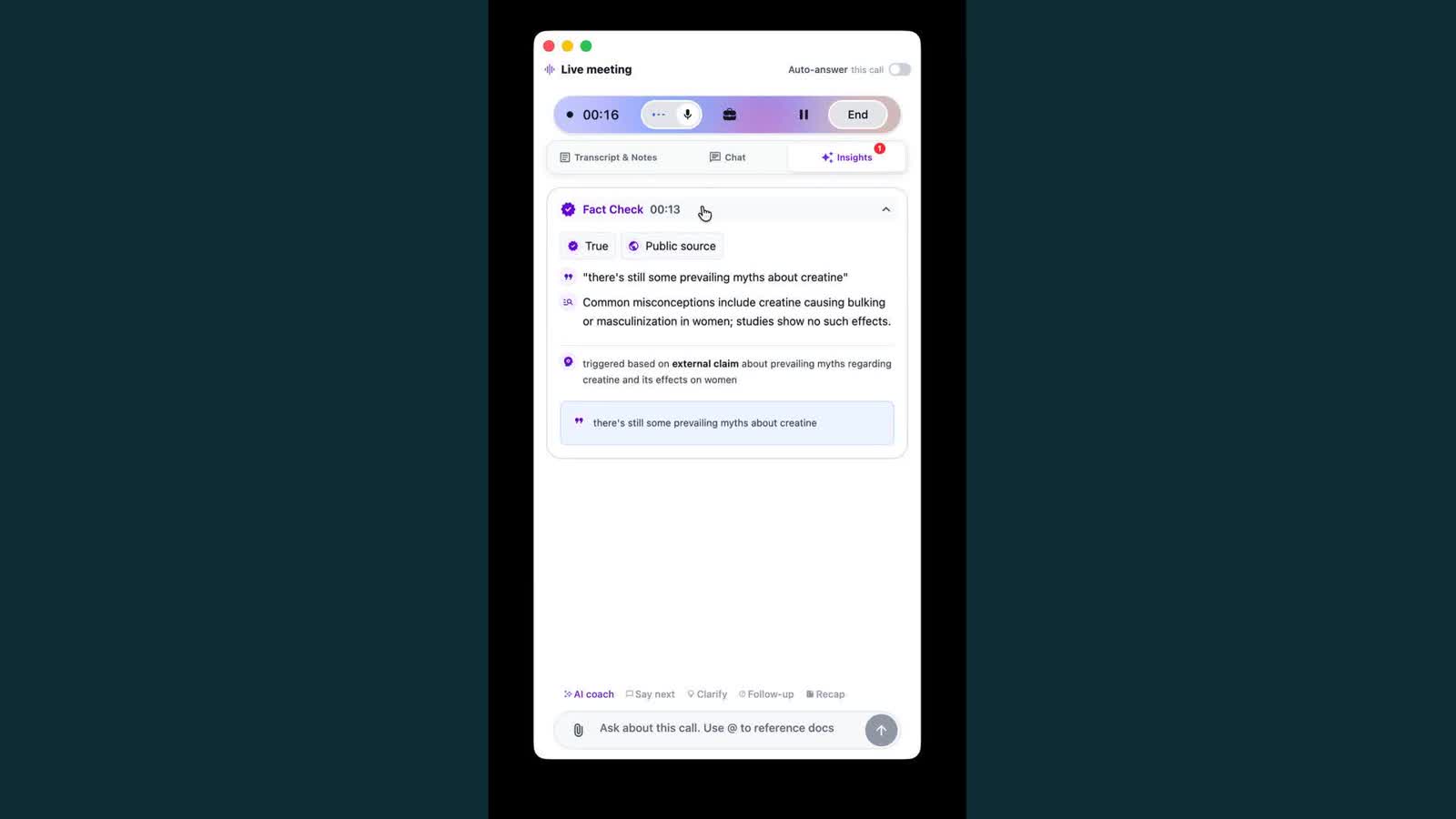 OLVA live meeting window showing a real-time fact-check insight