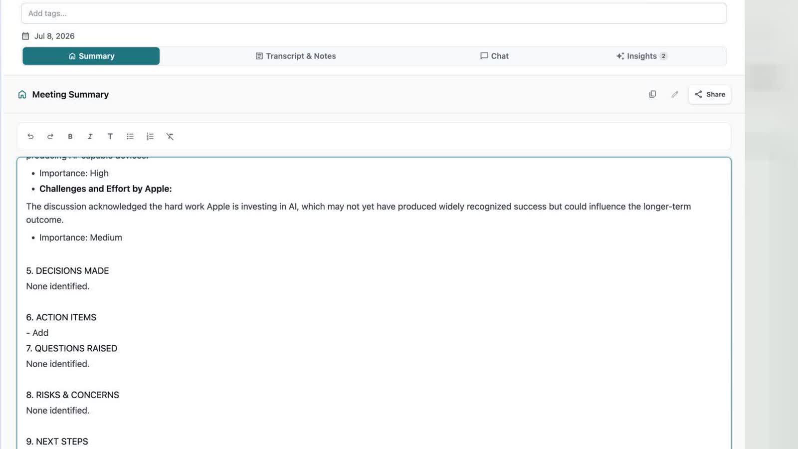 OLVA meeting summary editor with formatting controls