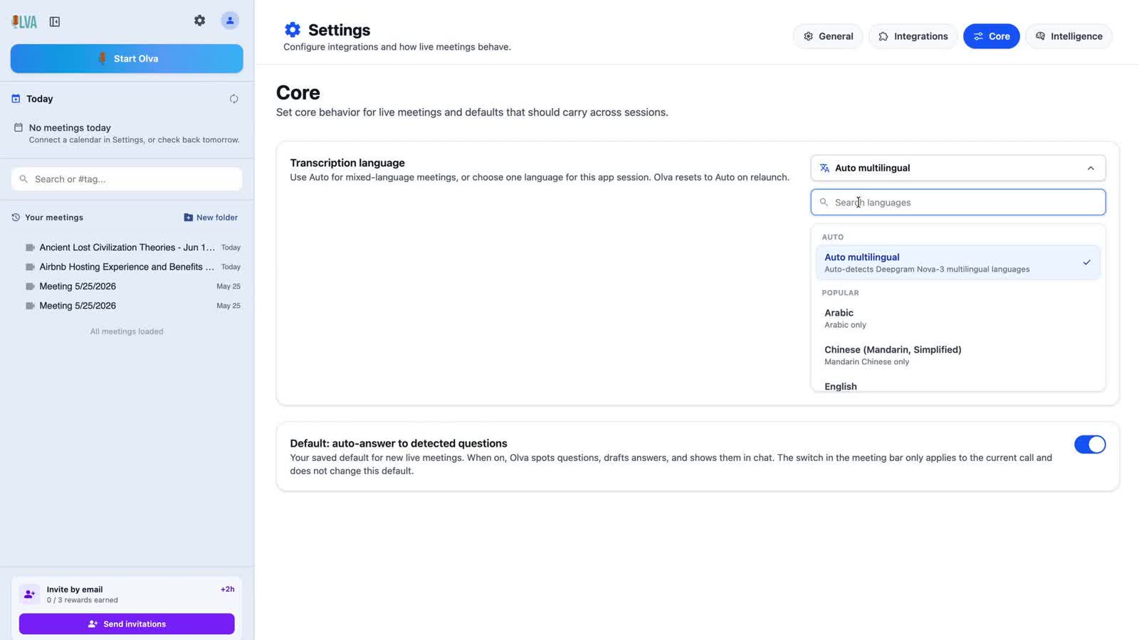 OLVA transcription language settings with Auto multilingual selected