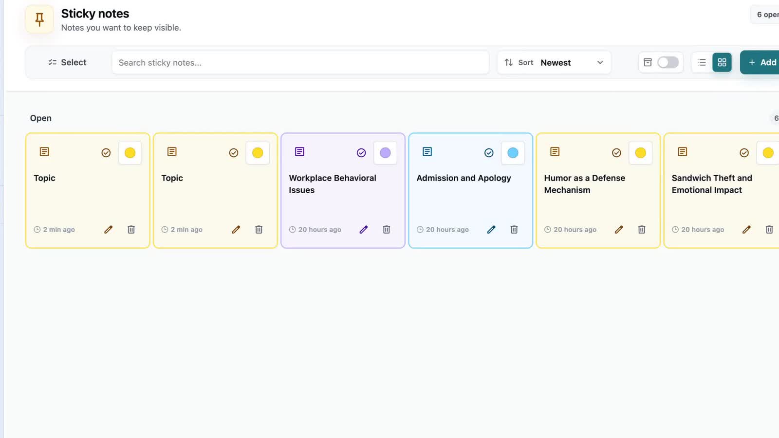 OLVA sticky notes workspace with color-coded meeting follow-ups