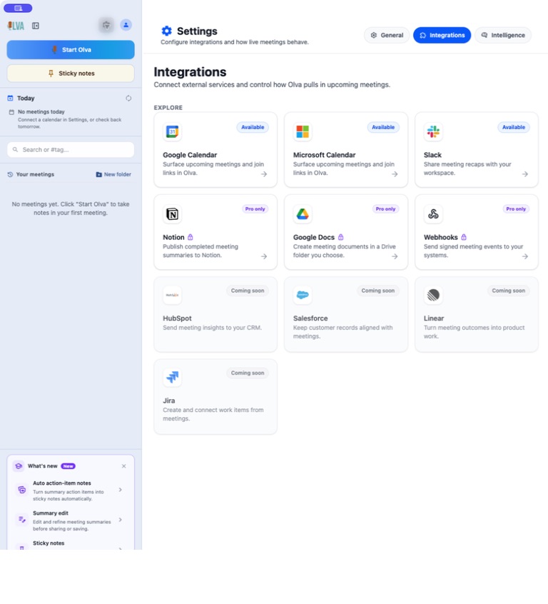 OLVA Integrations settings showing the Notion connection