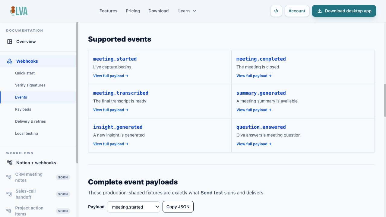 OLVA developer documentation showing supported outbound webhook events
